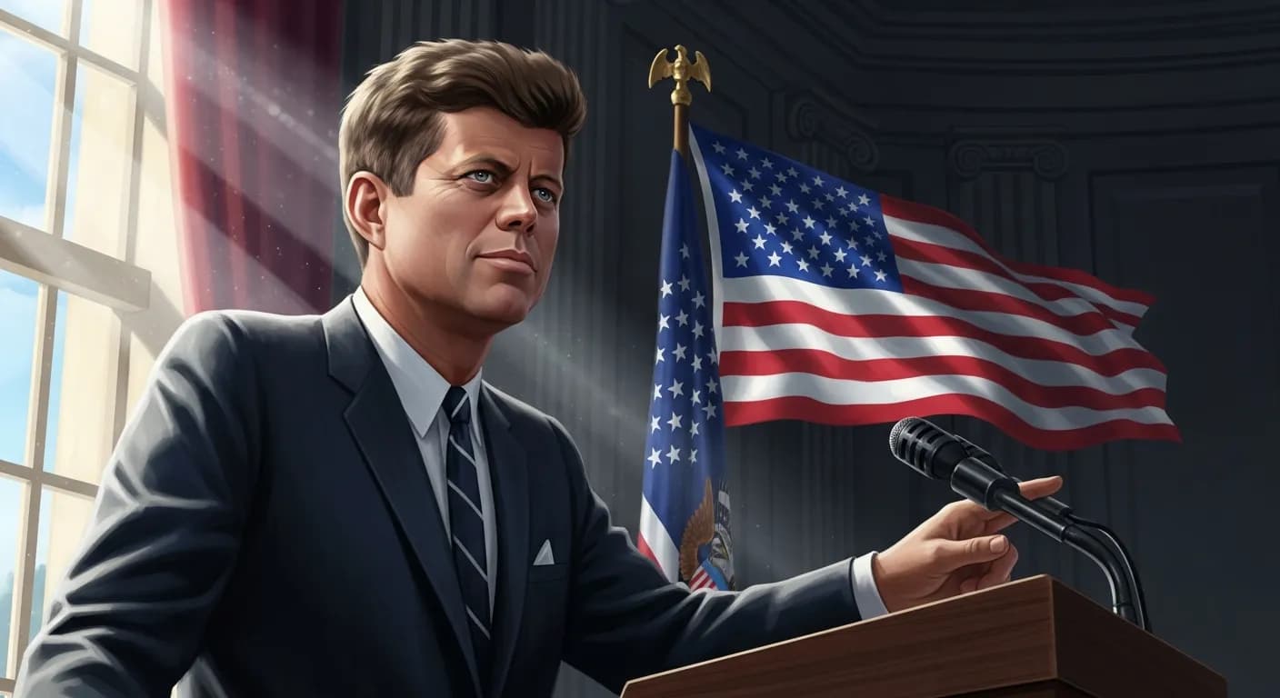 「ジョン・F・ケネディ」「私たちが抱える問題は、人間が作り出したものだ。したがって、人間が解決できる。人間の理知と精神は、解決不可能と思われることもしばしば解決して きた。これからもまたそうできると私は信じている。」の画像