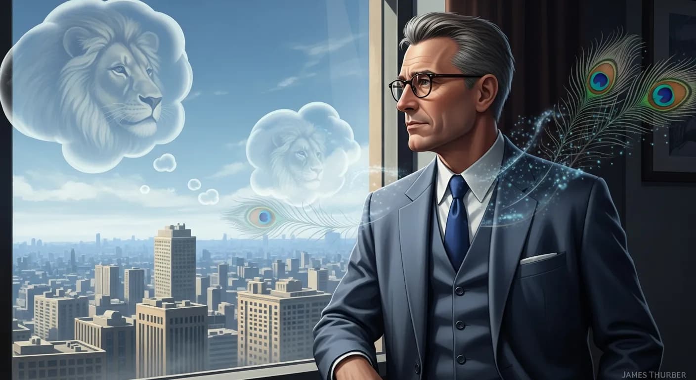 「ジェームズ・サーバー」「ライオンの雄にはたてがみがあり、孔雀には豪勢な羽があるが、 人間の男には三つボタンの背広しかない。」の画像