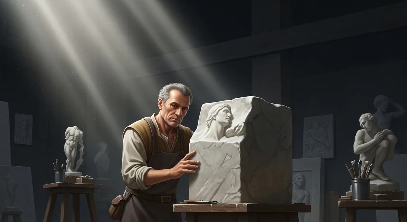 「ミケランジェロ・ブオナローティ」「まだ彫られていない大理石は、偉大な芸術家が考えうるすべての形状を持っている。」の画像