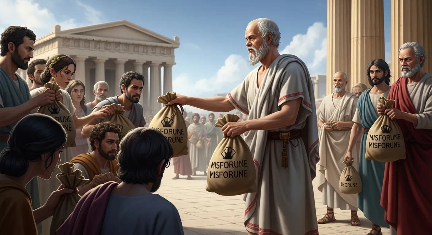 「ソクラテス」「我々が皆自分の不幸を持ち寄って並べ、それを平等に分けようとしたら、ほとんどの人が今自分が受けている不幸の方がいいと言って立ち去るであろう。」の画像