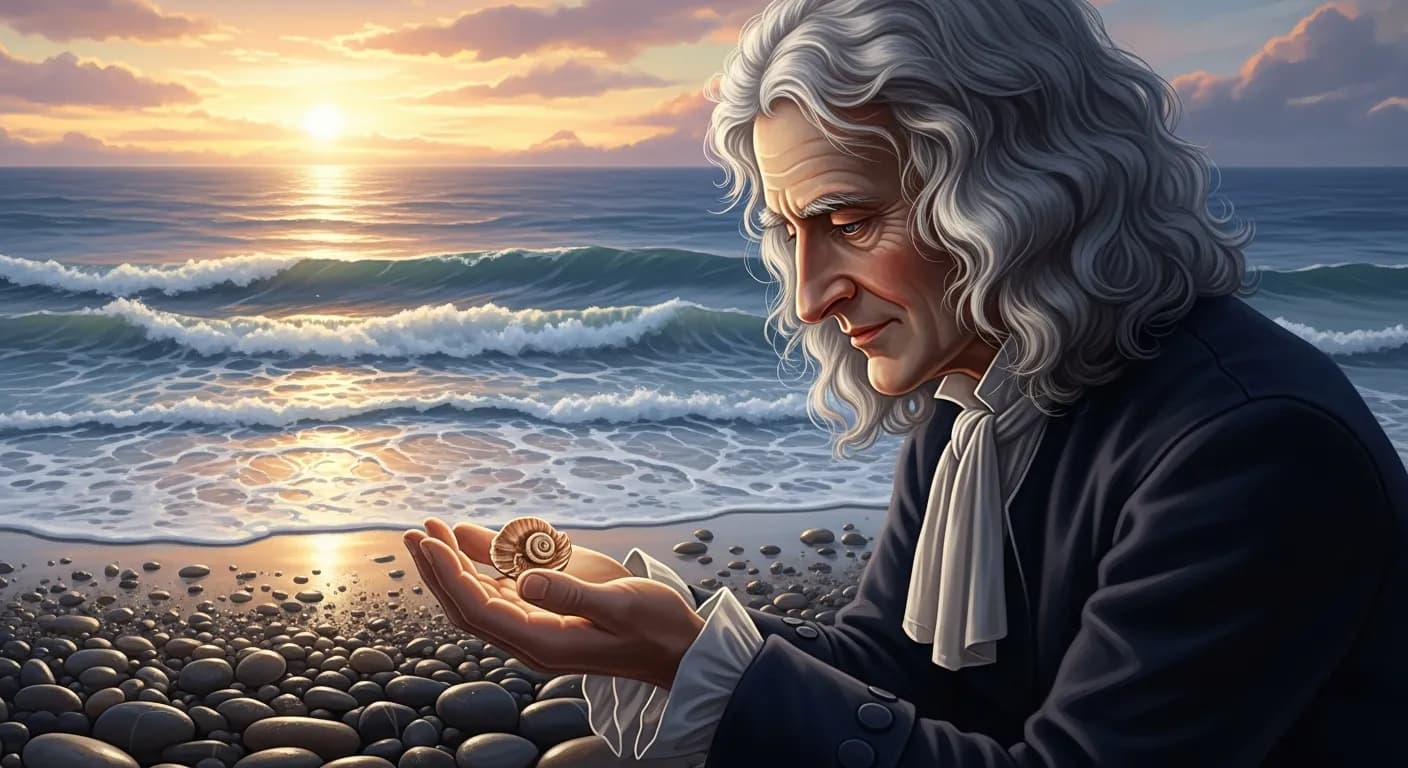 「アイザック・ニュートン」「私は海辺で遊んでいる少年のようである。
ときおり、普通のものよりもなめらかな小石やかわいい貝殻を見つけて夢中になっている。
真理の大海は、すべてが未発見のまま、目の前に広がっているというのに。」の画像