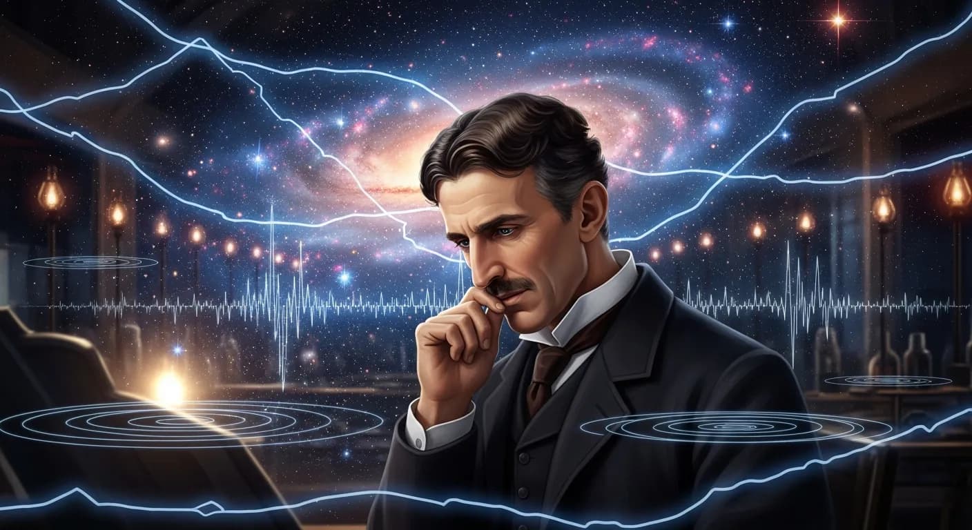 「ニコラ・テスラ」「宇宙の秘密を知りたければ、エネルギー、周波数、振動の観点から考えなさい。」の画像