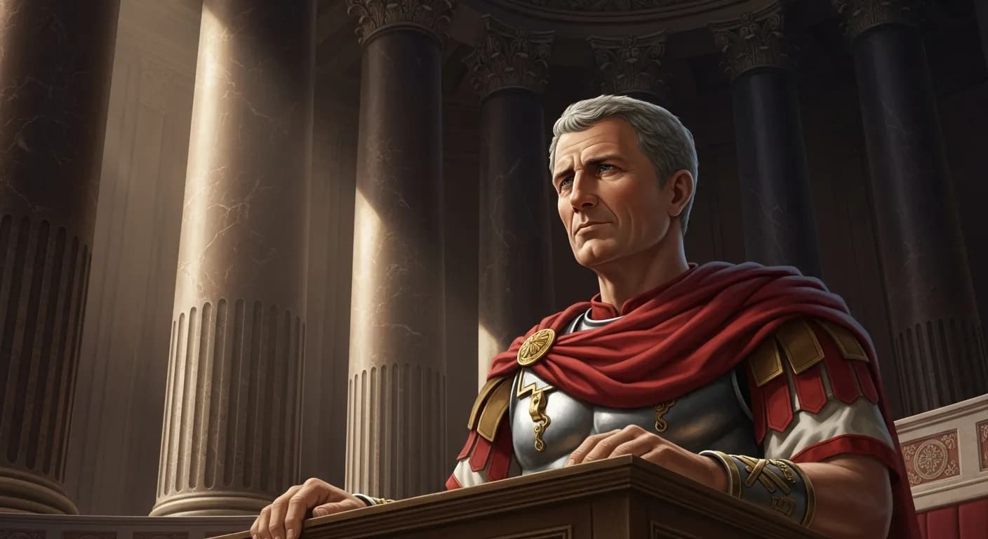 「ガイウス・ユリウス・カエサル」「元老院議員諸君、諸君に限らず、すべての人間にとっても、疑わしいことに決定を迫られた際、憎悪や友情や怒りや慈悲はひとまず忘れて対するのが正当な対し方であると思う。」の画像