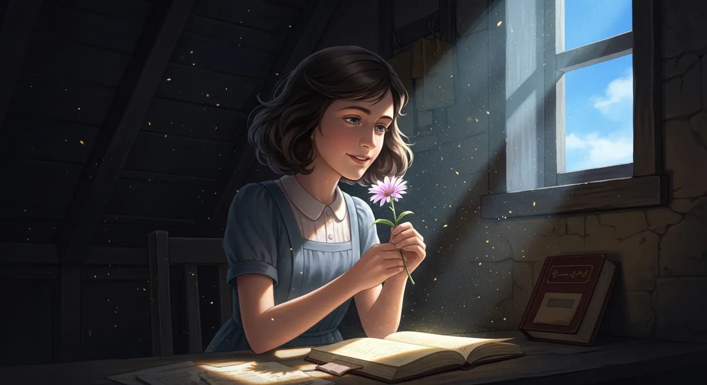 「アンネ・フランク」「あなたのまわりにいまだ残されているすべての美しいもののことを考え、楽しい気持ちでいましょう。」の画像