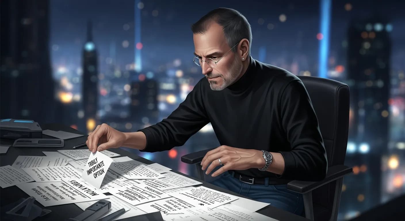 「スティーブ・ジョブズ」「方向を間違えたり、やり過ぎたりしないようにするには、まず「本当は重要でも何でもない」1,000のことに「ノー」と言う必要がある。」の画像