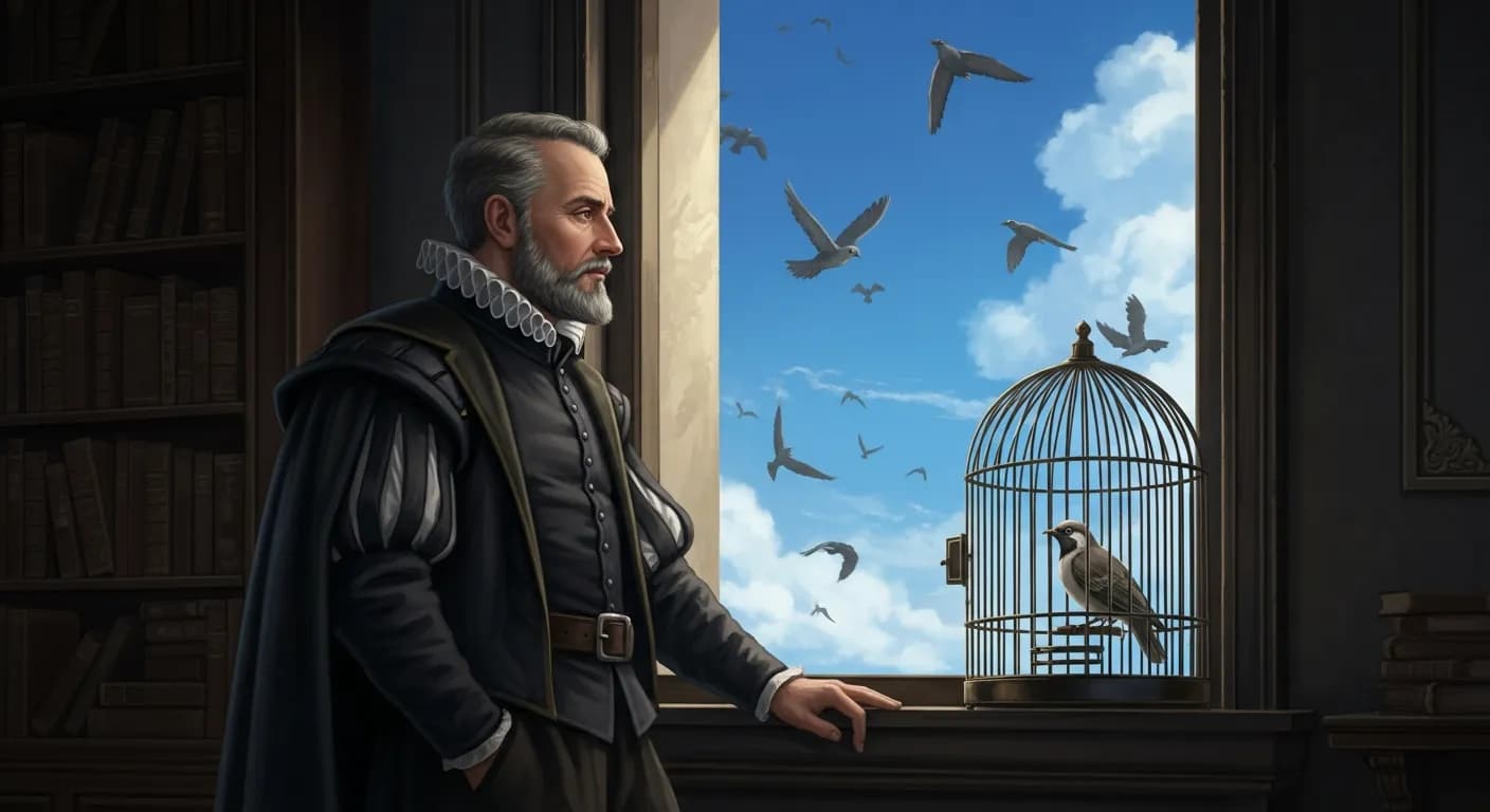 「ミシェル・ド・モンテーニュ」「結婚は鳥カゴのようなものだ。 カゴの外の鳥は餌箱をついばみたくて中へ入りたがり、 カゴの中の鳥は空を飛びたくて外へ出たがる。」の画像